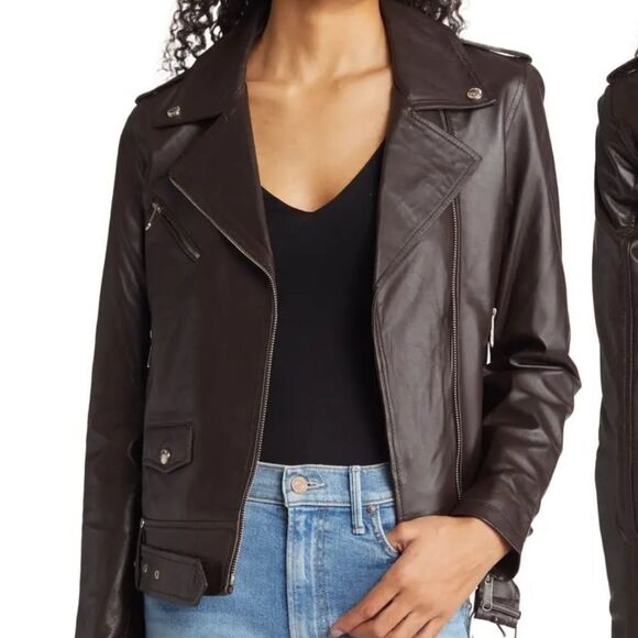 Sam Edelman brown real leather biker moto jacket size small new - Picture 1 of 13